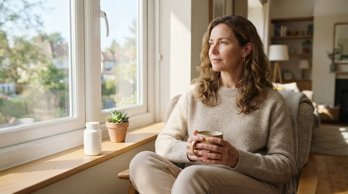A woman holding a mug of tea by a bright window with a plain supplement bottle on the sill