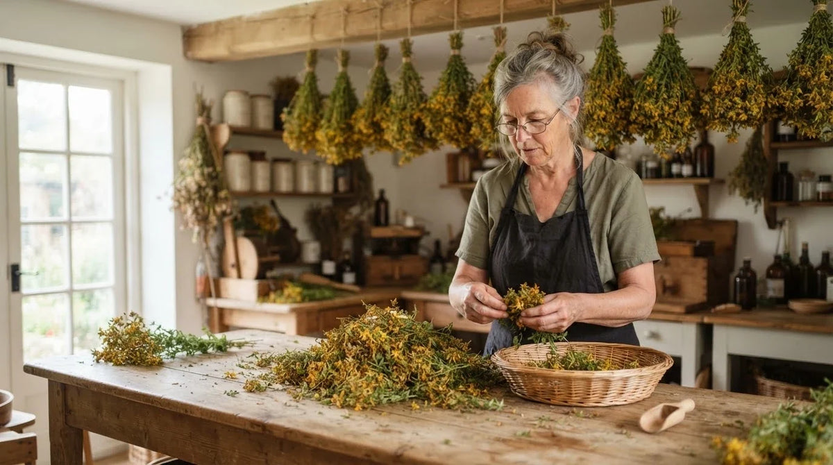 A herbalist sorting dried St. John's Wort flowering tops at a wooden worktable
