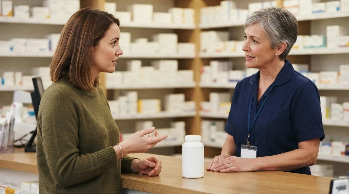 A young woman asking a pharmacist a question with a plain supplement bottle on the counter