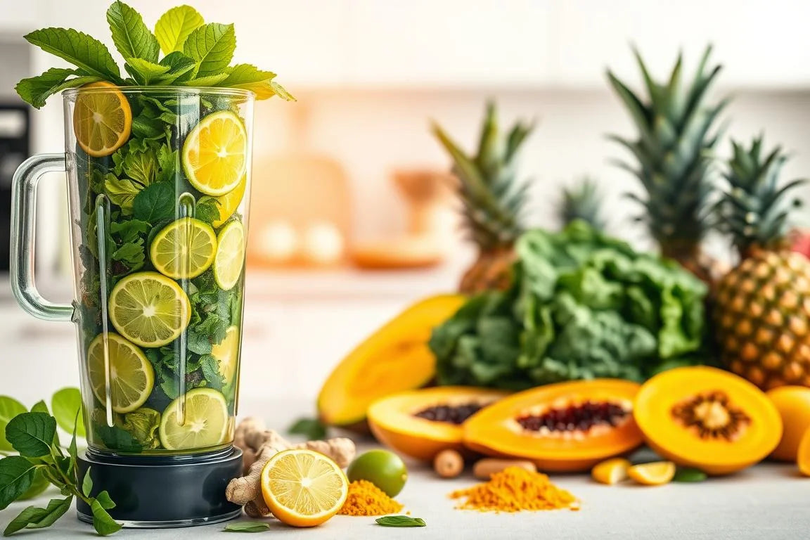 Blender with greens, lemon, and mint alongside papaya and pineapple — anti-parasite smoothie ingredients