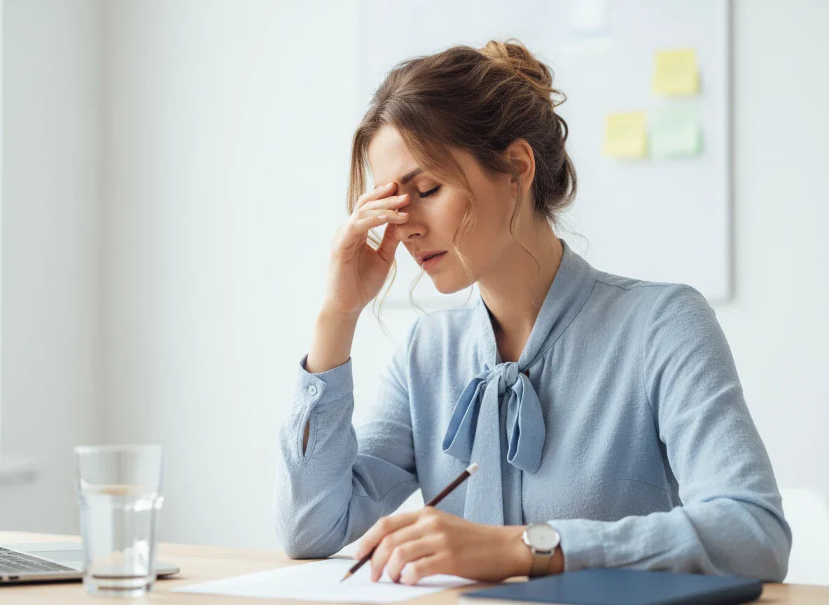 Exhausted professional woman with headache at minimalist office desk, eyes closed, hand to nose, highlighting the need for stress management for adrenal fatigue.