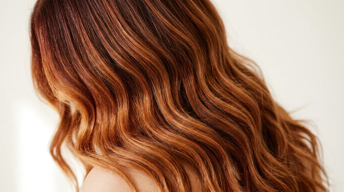 Gros plan sur une chevelure balayée auburn éclatante sur fond blanc — shampoing sans sulfate pour cheveux colorés