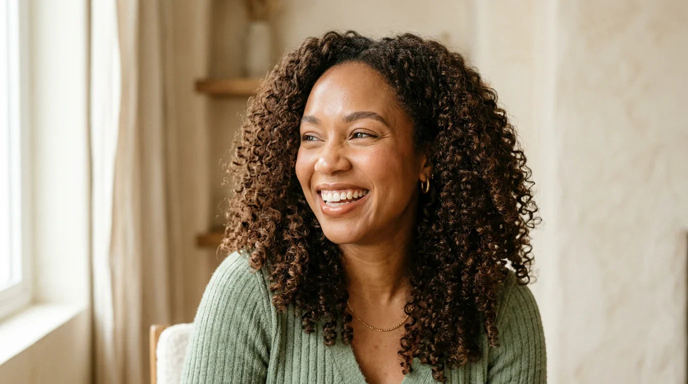 Woman with defined bouncy curly hair in soft natural light — sulfate free shampoo for curly hair