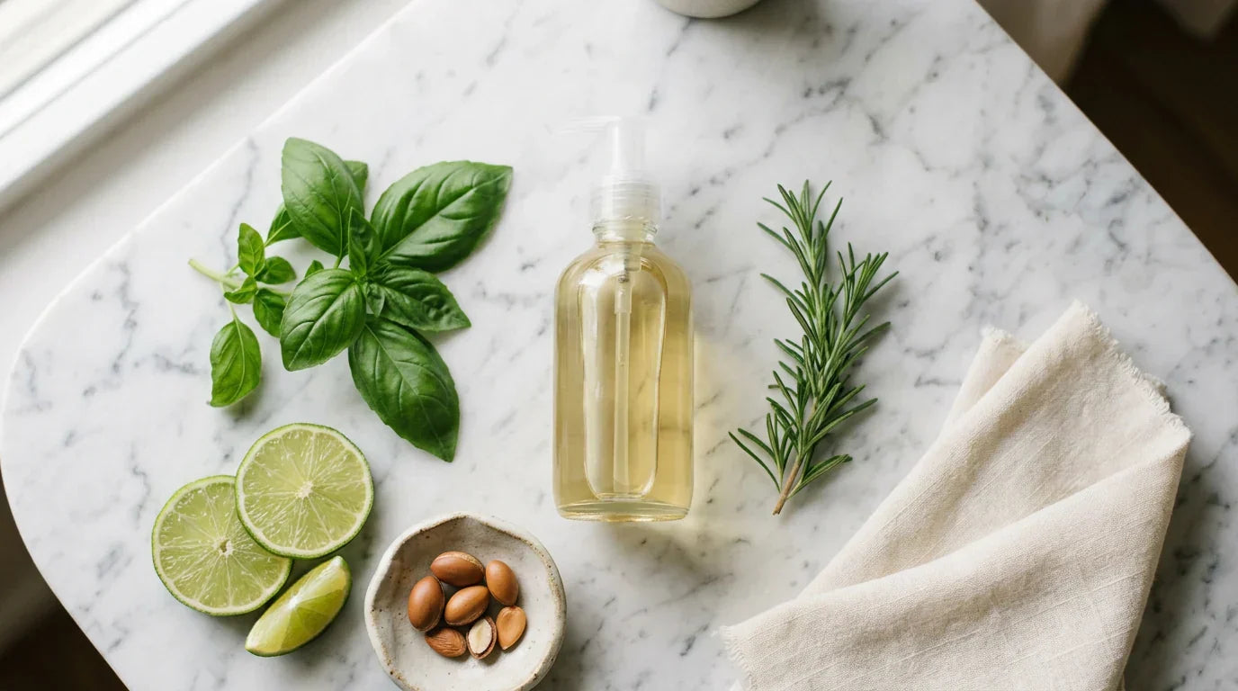 Clear shampoo bottle with basil and lime botanicals on marble — complete sulfate free shampoo guide