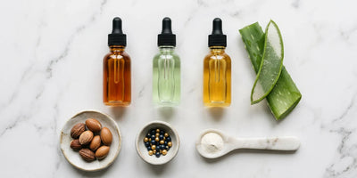 Top-down flat lay of natural shampoo ingredients on white marble — argan jojoba aloe panthenol