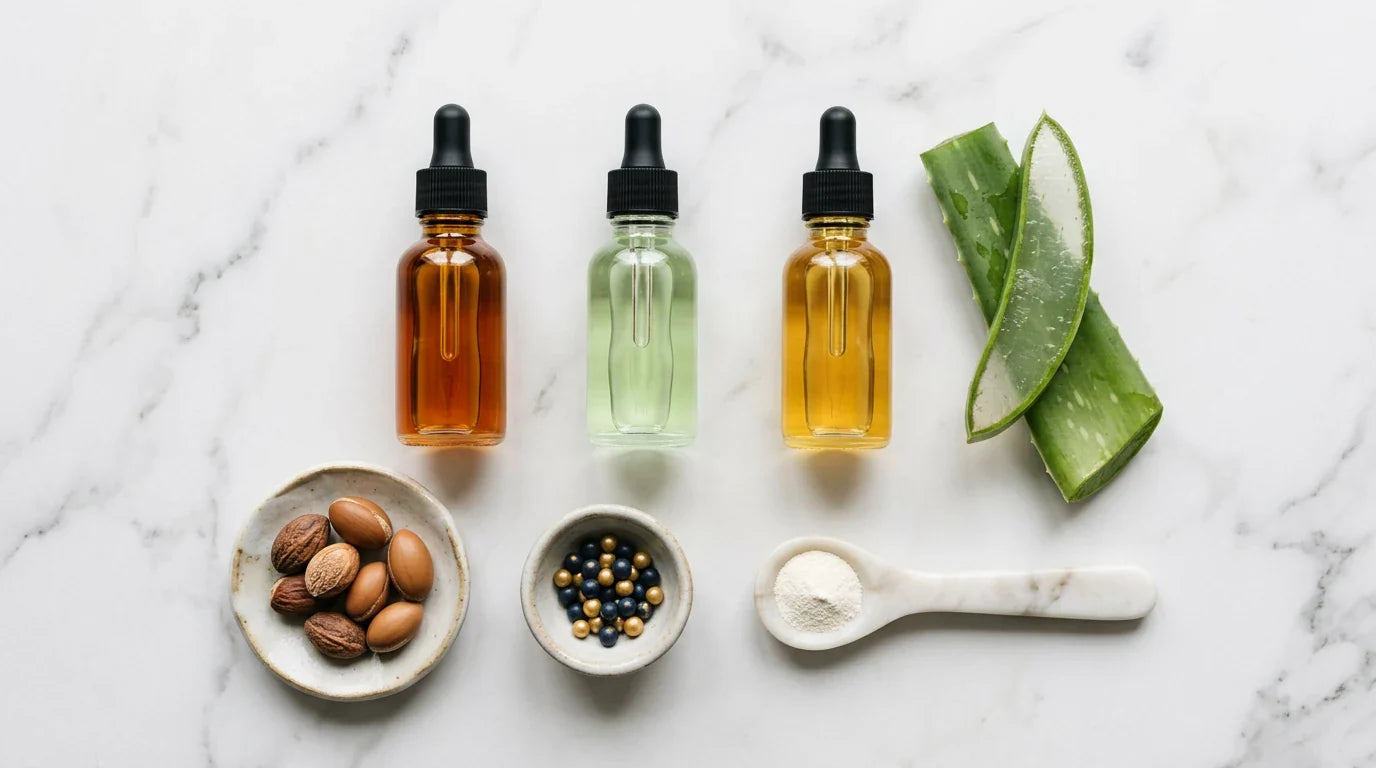 Top-down flat lay of natural shampoo ingredients on white marble — argan jojoba aloe panthenol