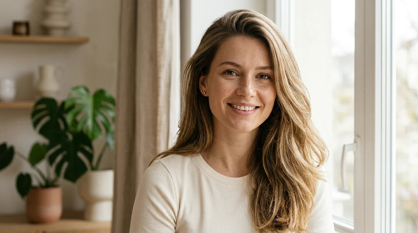 Woman with clean voluminous fresh hair in bright airy setting — sulfate free shampoo for oily hair