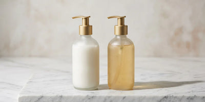 Two shampoo bottles side by side on white marble — sulfate free vs regular shampoo comparison