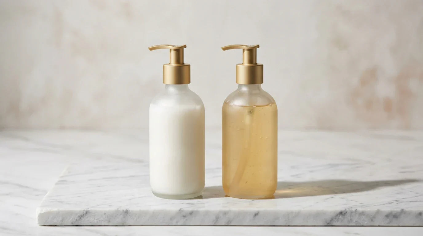 Two shampoo bottles side by side on white marble — sulfate free vs regular shampoo comparison