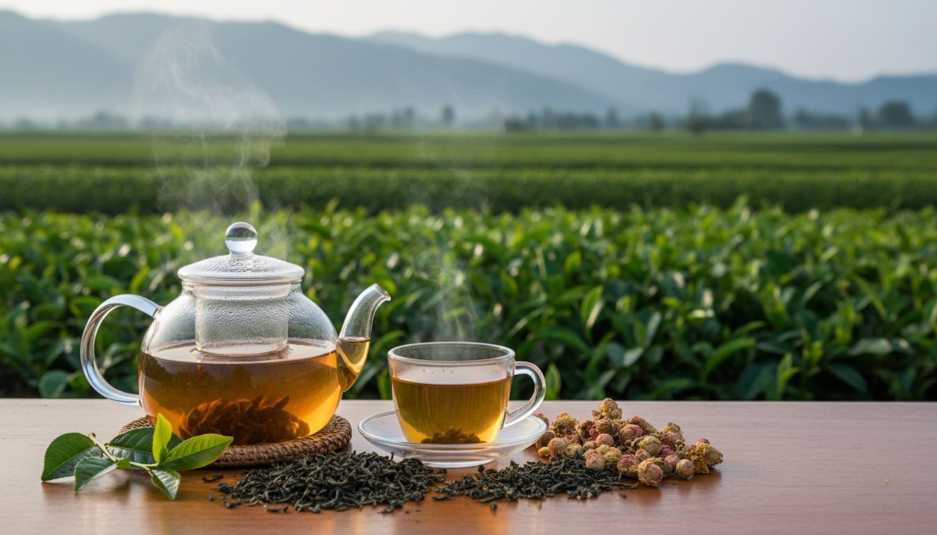 Glass teapot and cup of steaming oolong tea on a wooden table with loose leaves and tea plantation background — oolong tea for weight loss and metabolism boost