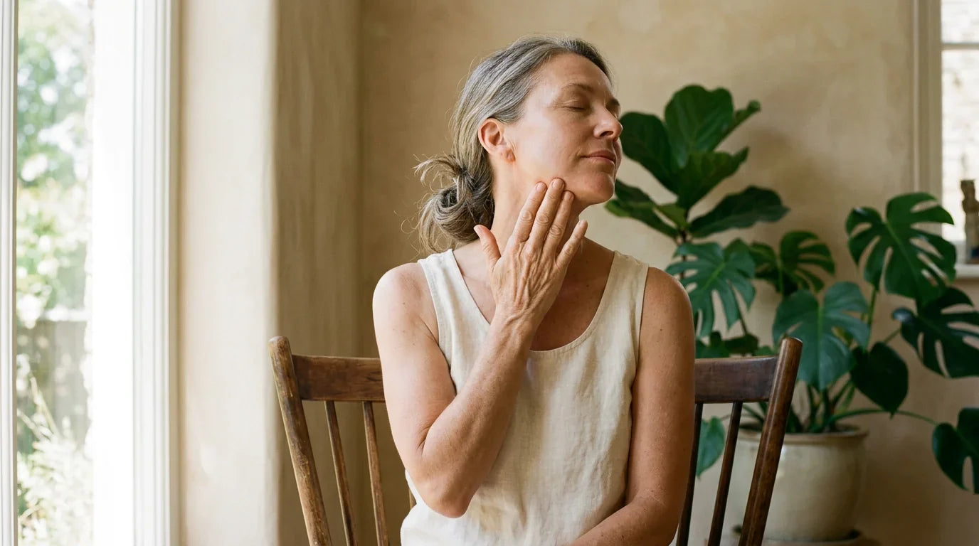 Une femme mûre se masse doucement la nuque et la mâchoire dans la douce lumière du jour, près d'une fenêtre.