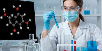 Professional scientist examines blue liquid in test tube, molecular structure on monitor in lab.