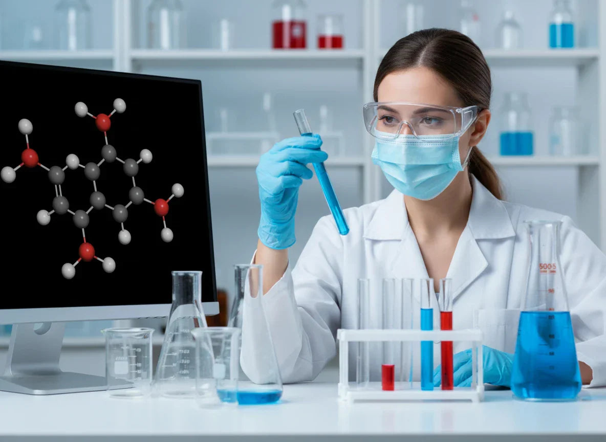 Professional scientist examines blue liquid in test tube, molecular structure on monitor in lab.