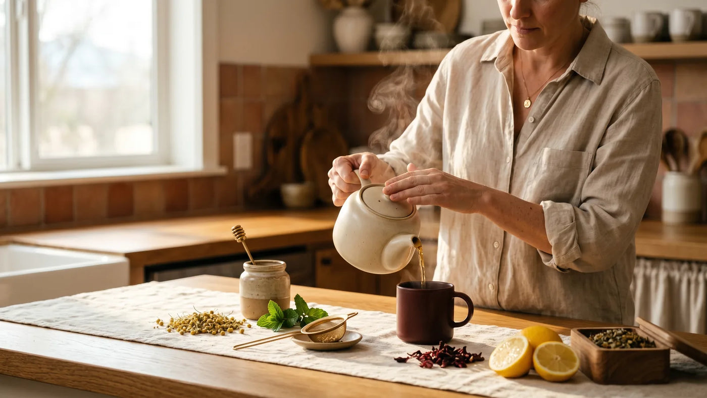 Cream ceramic teapot pouring amber tea into matte oxblood mug on warm oak kitchen counter with loose chamomile flowers and dried herbs