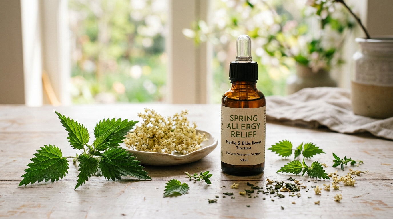 Collection de flacons de teinture à base de plantes, notamment d'ortie et de pétasite, pour soulager les allergies.