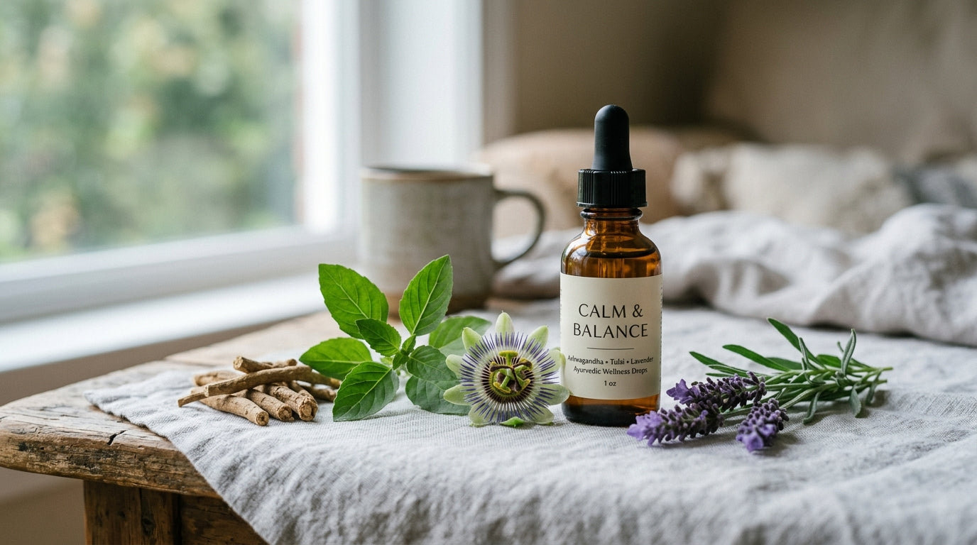 Amber adaptogen tincture bottle with ashwagandha, holy basil and passionflower for anxiety relief