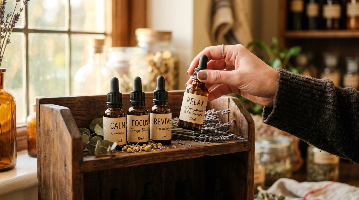 Hand selecting best amber tincture bottle from shelf of herbal products based on quality criteria