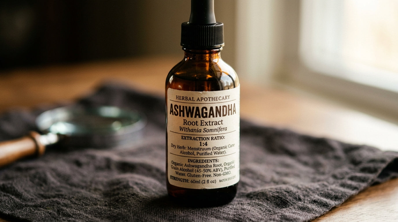 Close-up of amber tincture bottle label showing extraction ratio herb name and dosage information