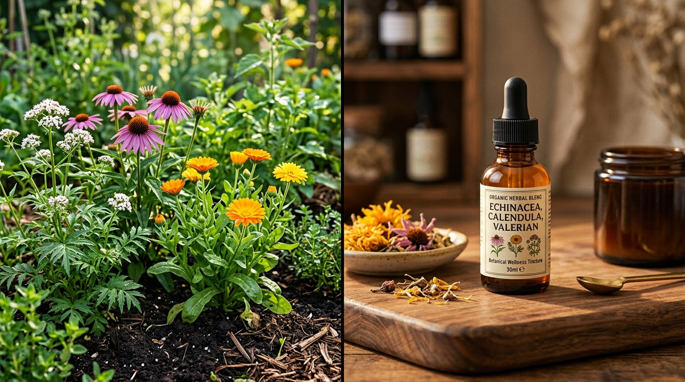 Comparaison entre un jardin d'herbes aromatiques biologiques certifiées et une bouteille de teinture ambrée et des herbes conventionnelles