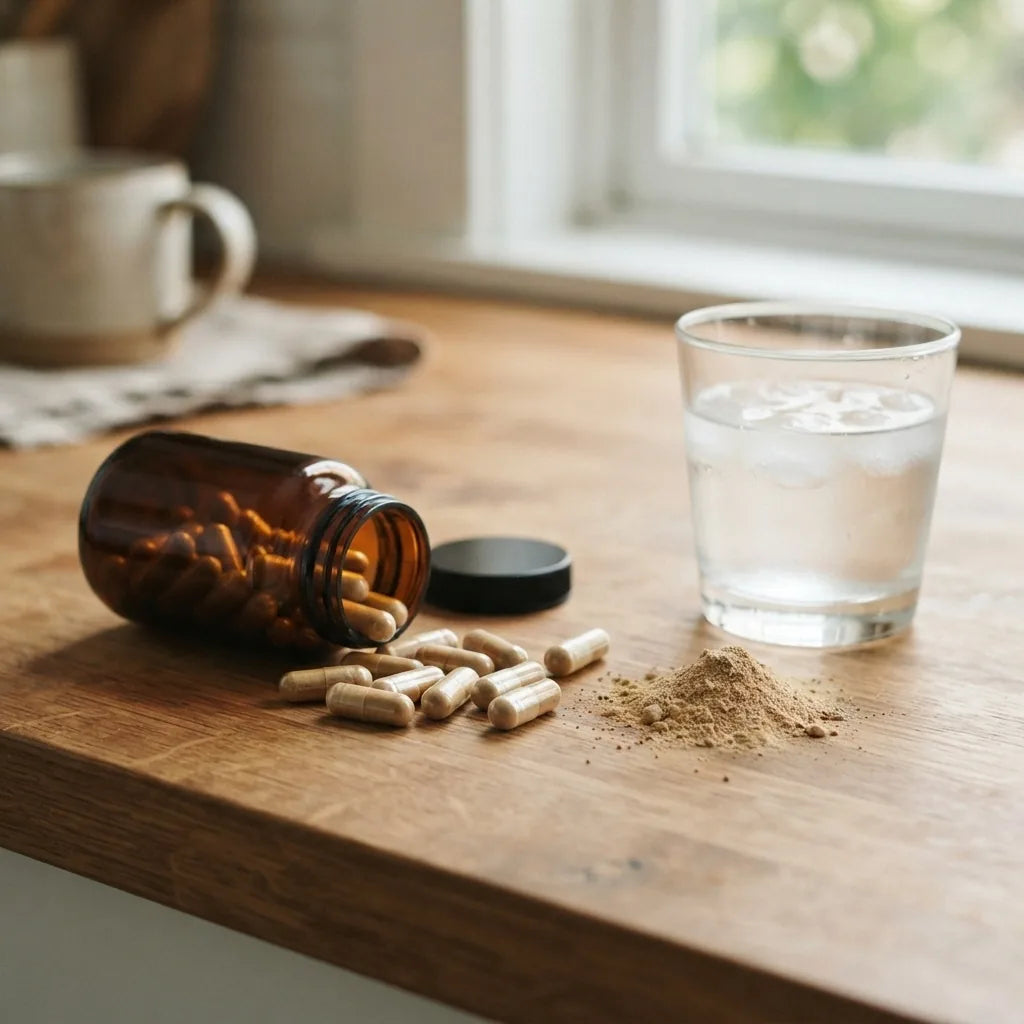 Tongkat Ali (longjack) capsules and root powder on a counter