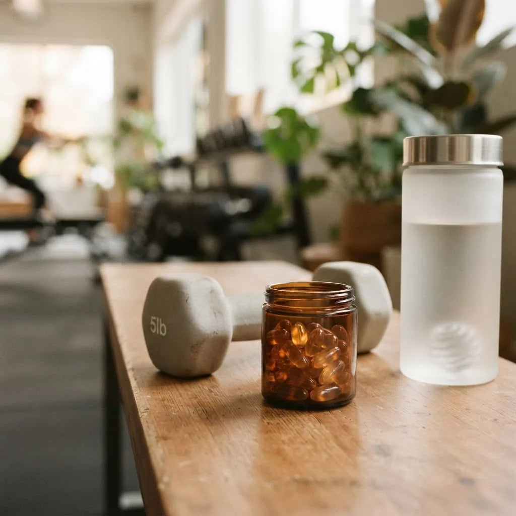 Tongkat Ali capsules with a dumbbell for testosterone and muscle support