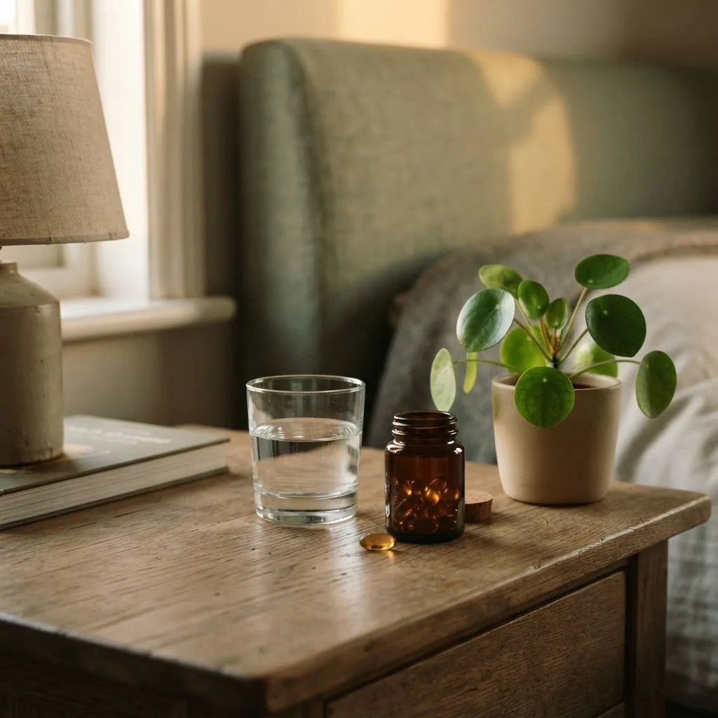 Tongkat Ali capsules in a calm bedside setting for vitality