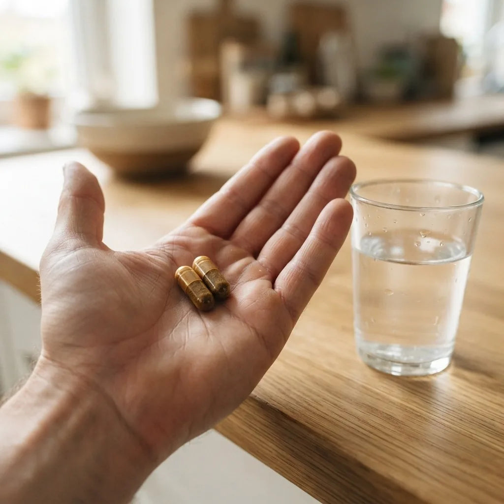Two Tongkat Ali capsules in a palm showing a daily dose