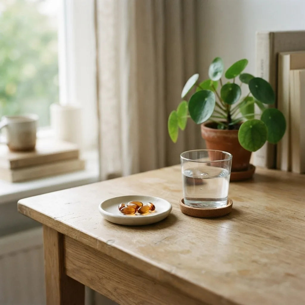 Tongkat Ali capsules in a calm setting for stress and energy