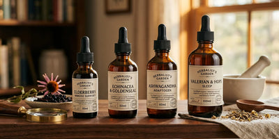 Top 12 herbs in tincture form — collection of amber dropper bottles with single herbs and herbal blends on aged walnut wood