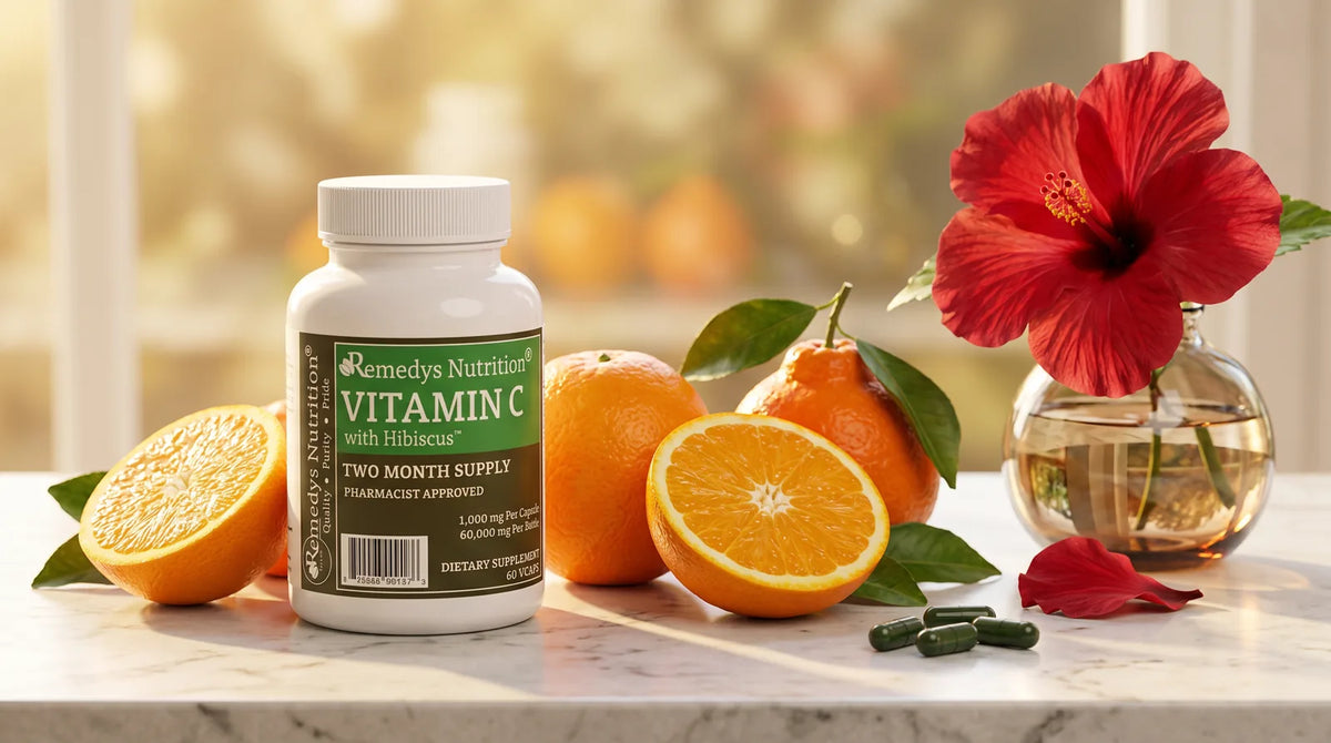 Fresh oranges and a vegan vitamin C supplement bottle in warm morning light
