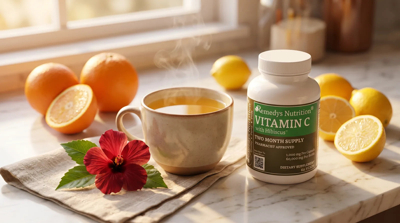 Warm citrus tea and oranges arranged for immune wellness