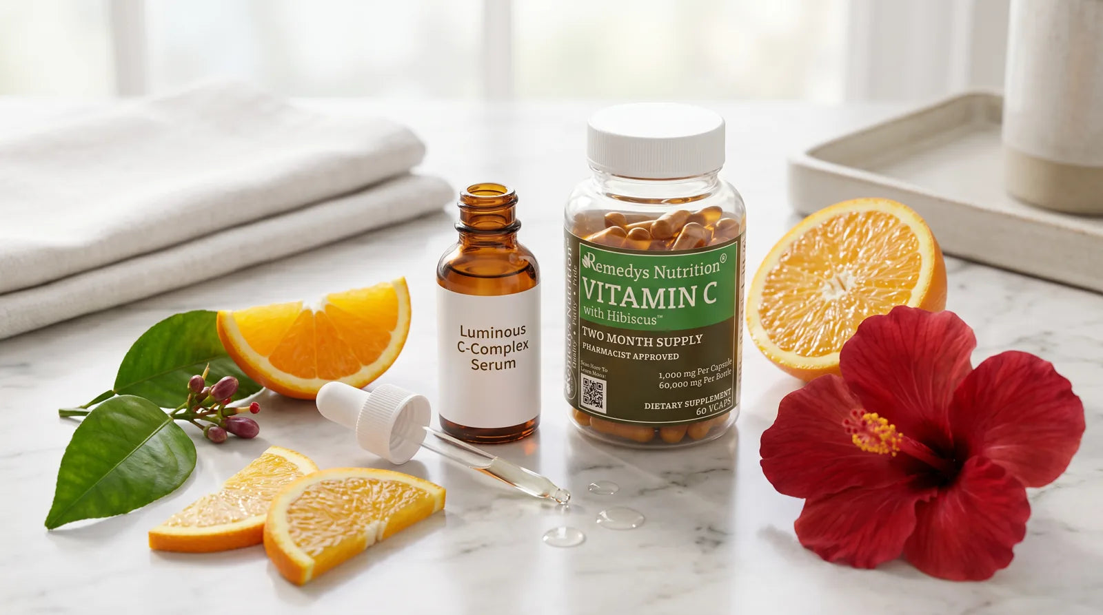Vitamin C skincare serum with fresh citrus and hibiscus