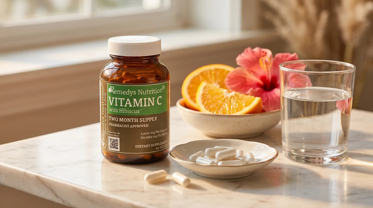 Vitamin C capsules measured beside citrus and a glass of water