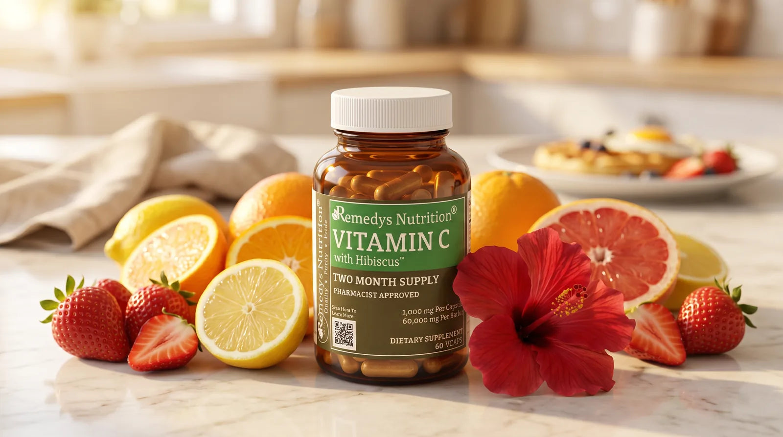 Citrus fruits and supplement symbolizing vitamin C repletion