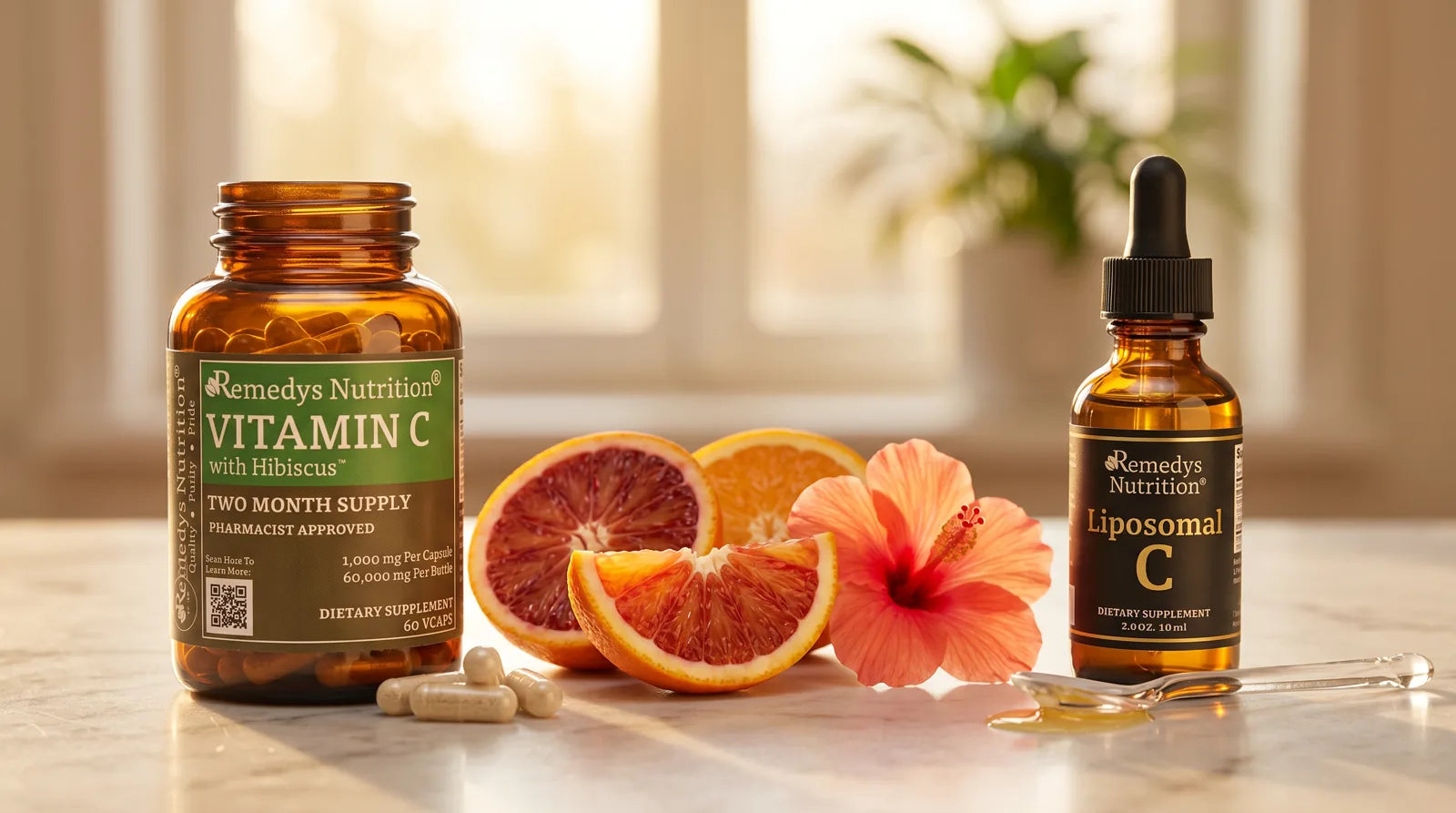 Standard vitamin C capsules beside liposomal vitamin C concept