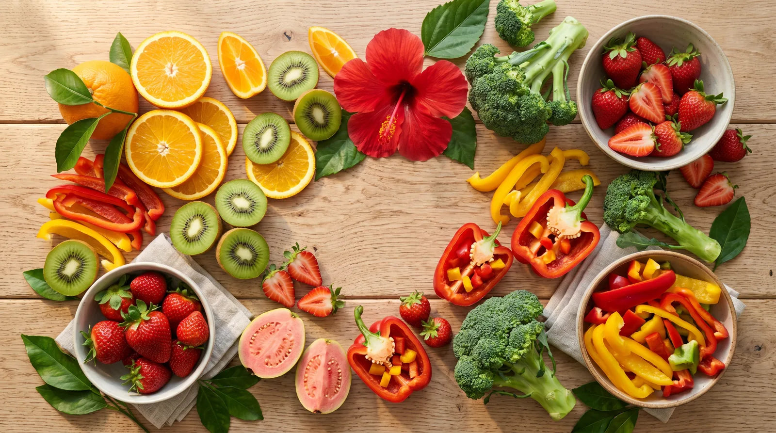 Colorful spread of vitamin C rich fruits and vegetables