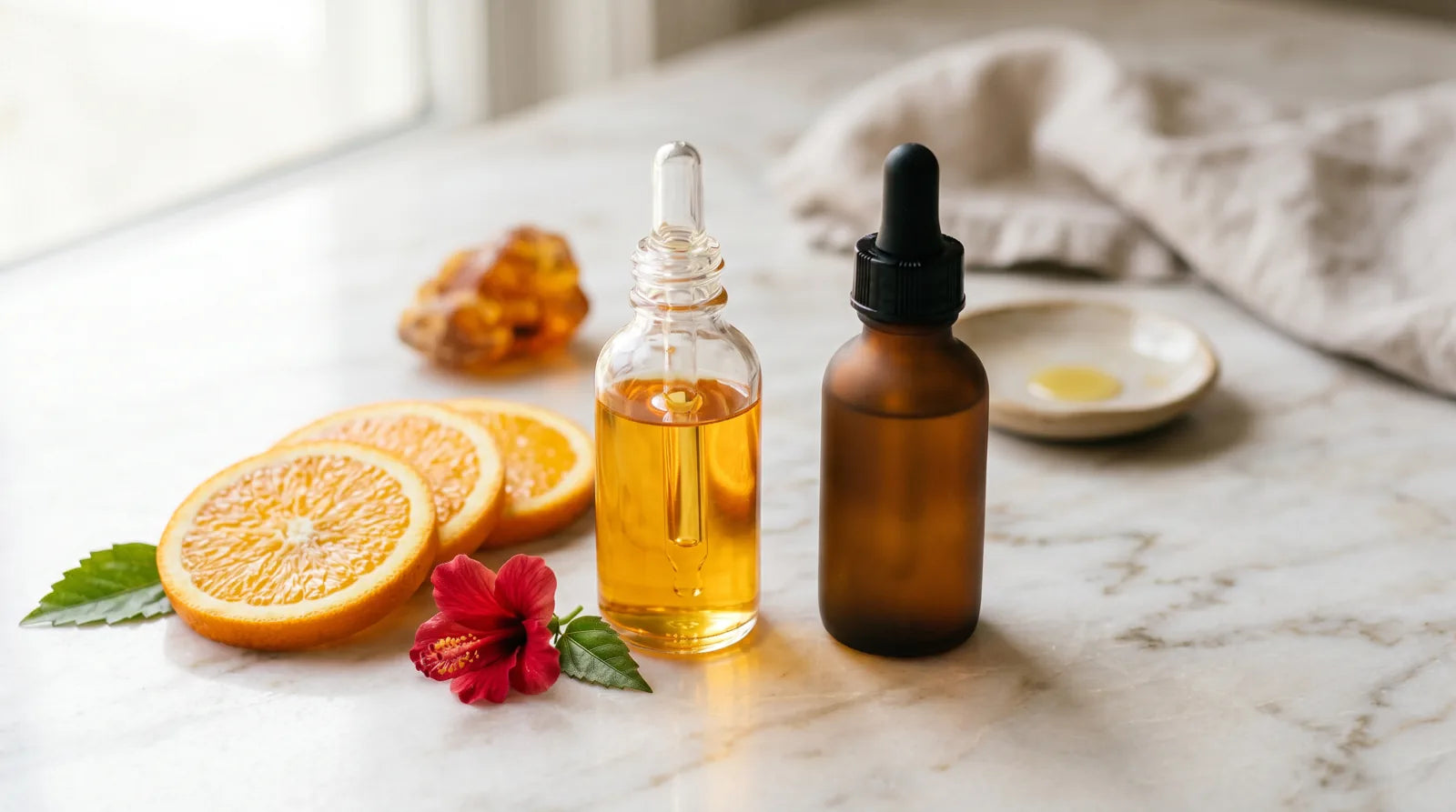 Vitamin C serum and retinol bottles arranged for a skincare routine
