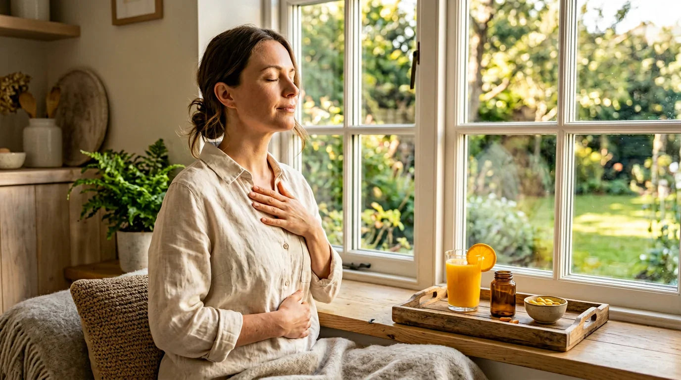 Woman with B vitamins and vitamin C supplements at sunrise — adrenal health and stress recovery routine