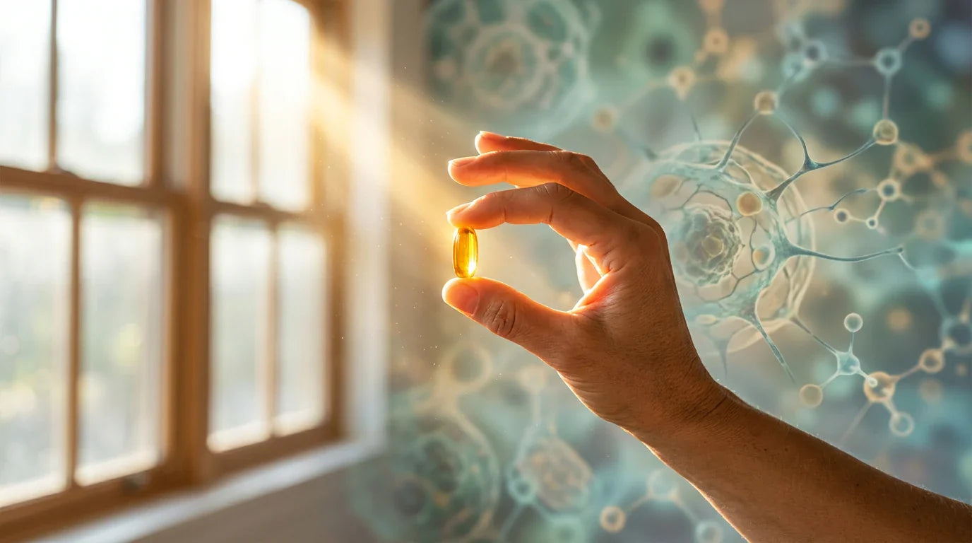 Sunlight on hand holding vitamin D supplement — autoimmune disease and immune health connection