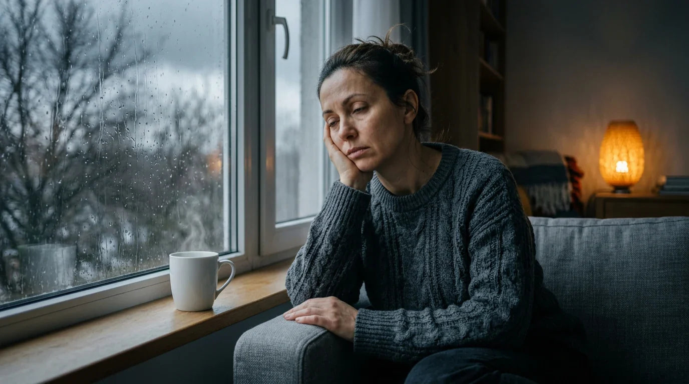 Adult experiencing fatigue by a winter window — vitamin D deficiency symptoms including tiredness and low mood