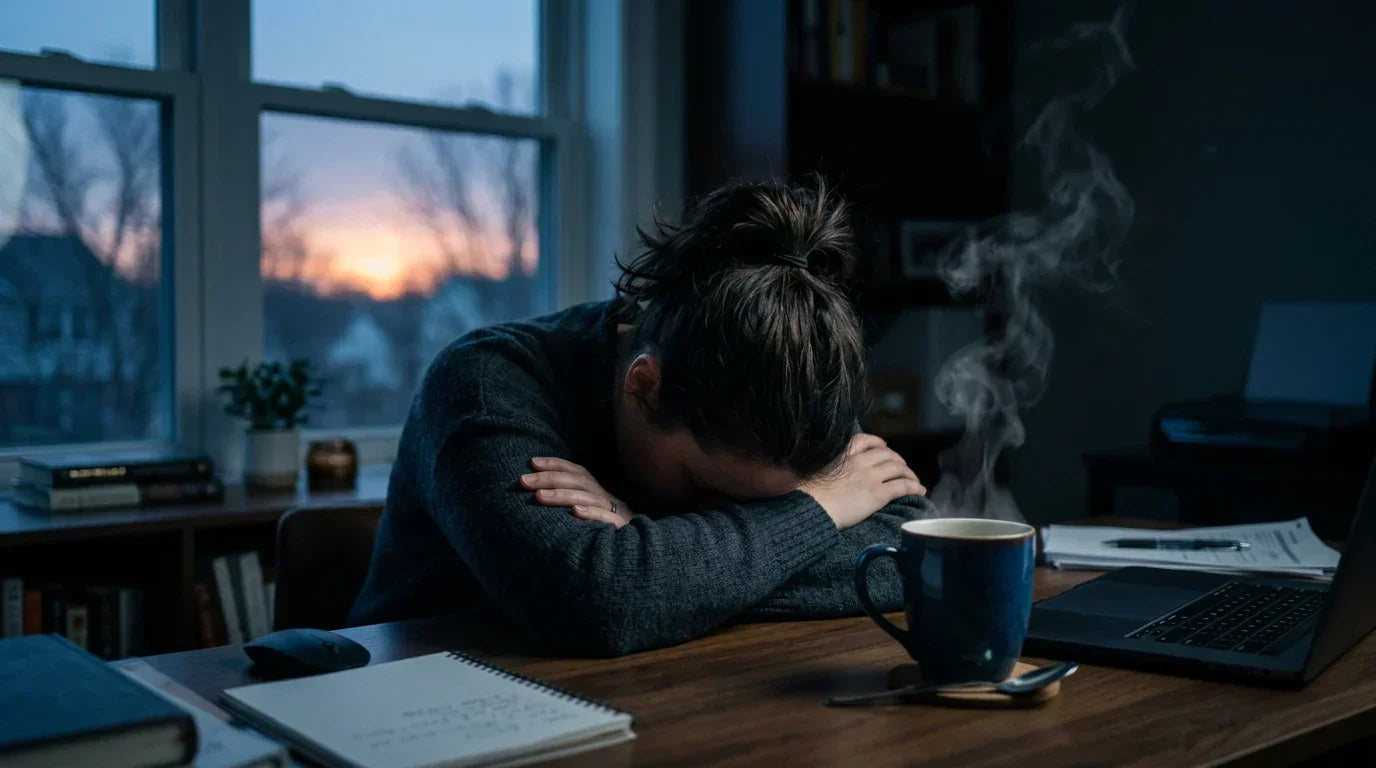 Une personne épuisée, affalée sur son bureau tôt le matin, son café intact&nbsp;: signes de fatigue liés à une carence en vitamine D