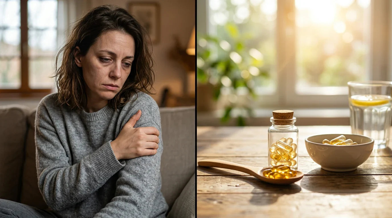 Femme souffrant de fatigue et de douleurs musculaires à côté de suppléments de vitamine D — signes avant-coureurs d'une carence
