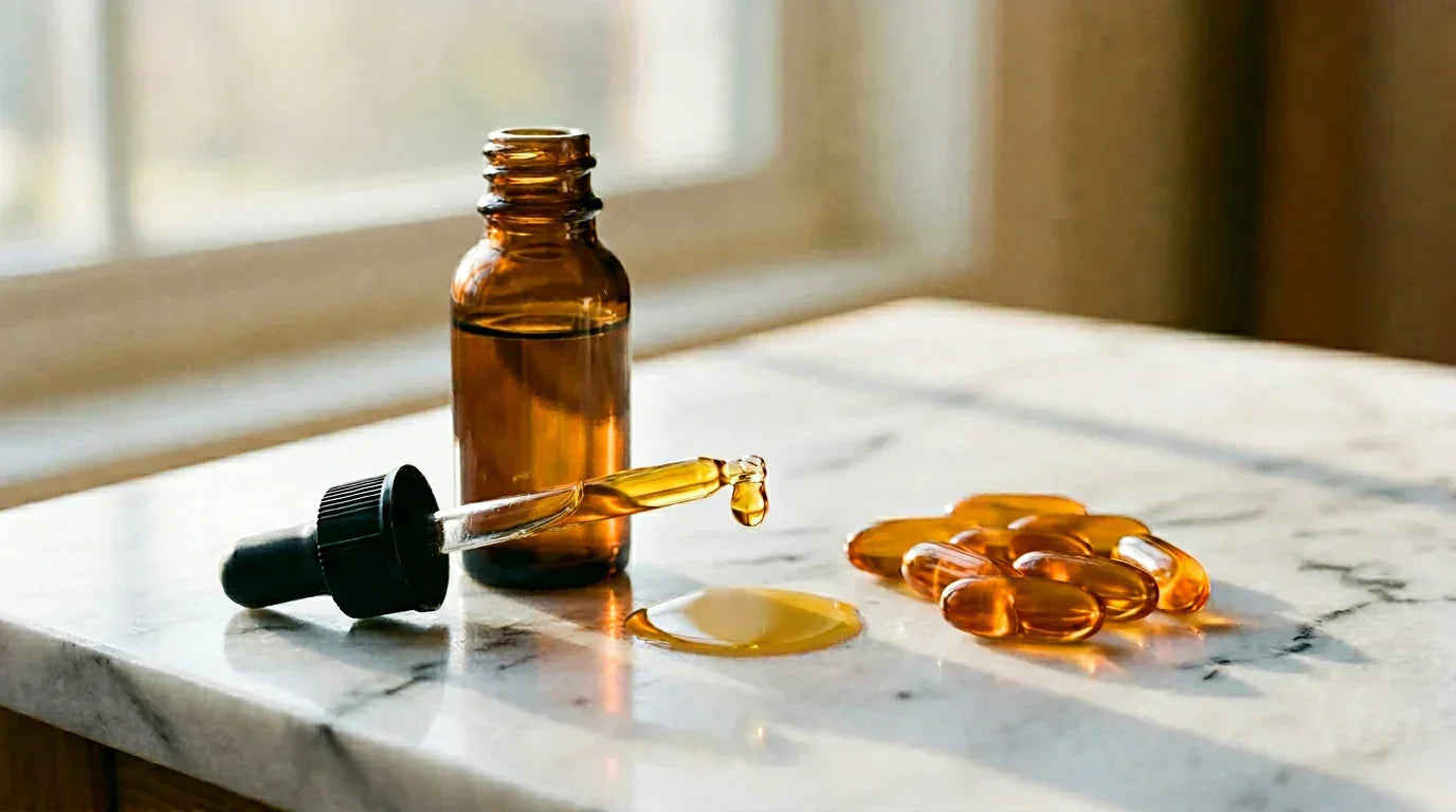 Des gouttes de vitamine D liquide dans un flacon compte-gouttes, à côté de gélules sur du marbre blanc — comparaison des formes de suppléments