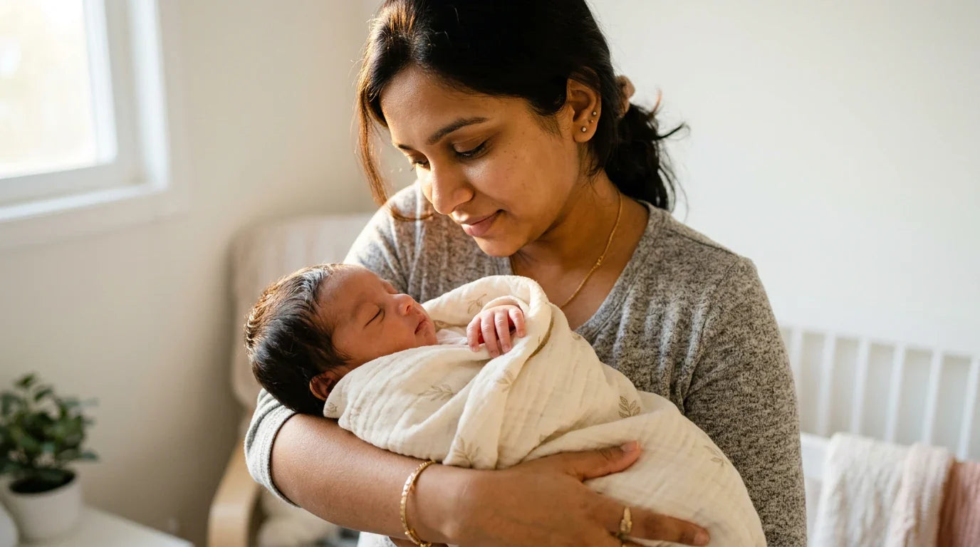 Mother holding newborn baby — vitamin D supplementation guide for infants and breastfed babies