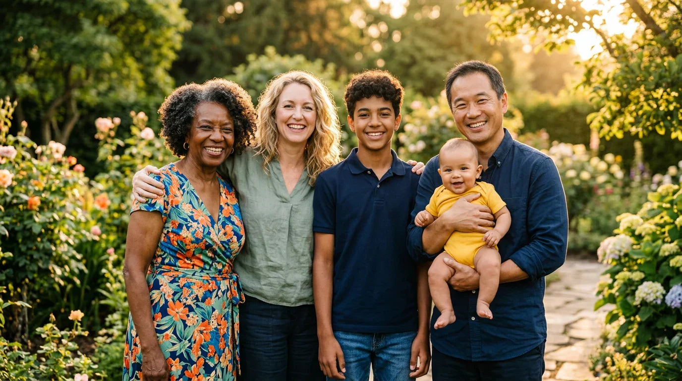 Multigenerational diverse family in sunlit garden — vitamin D needs guide from infancy through senior years
