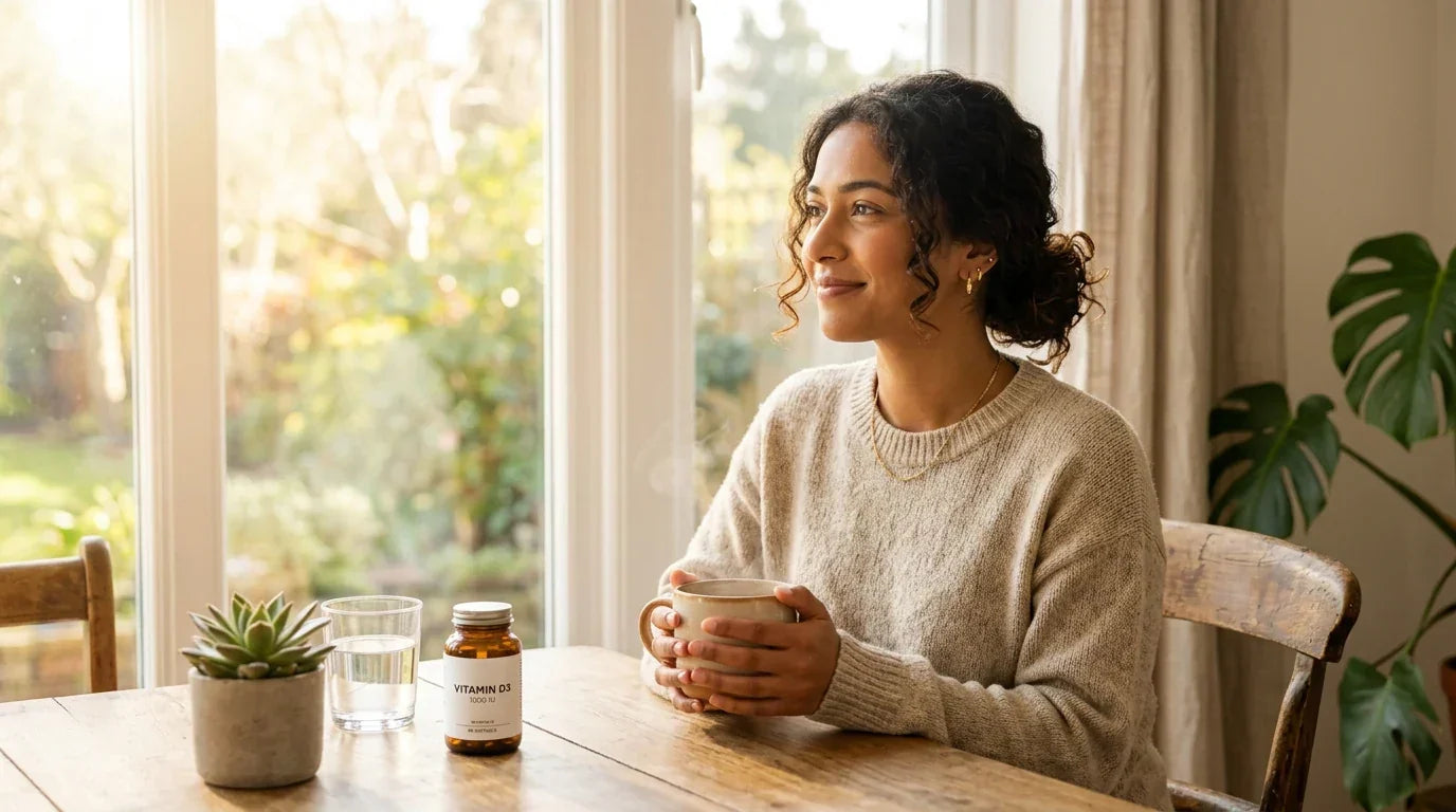 Femme au soleil avec un supplément de vitamine D — soutien de l'humeur en cas de dépression et d'anxiété