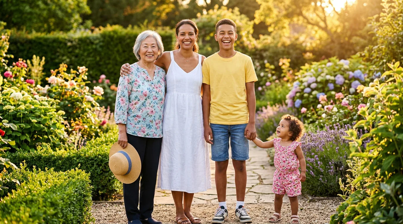 Multigenerational family outdoors in sunlight — vitamin D needs across different ages and conditions