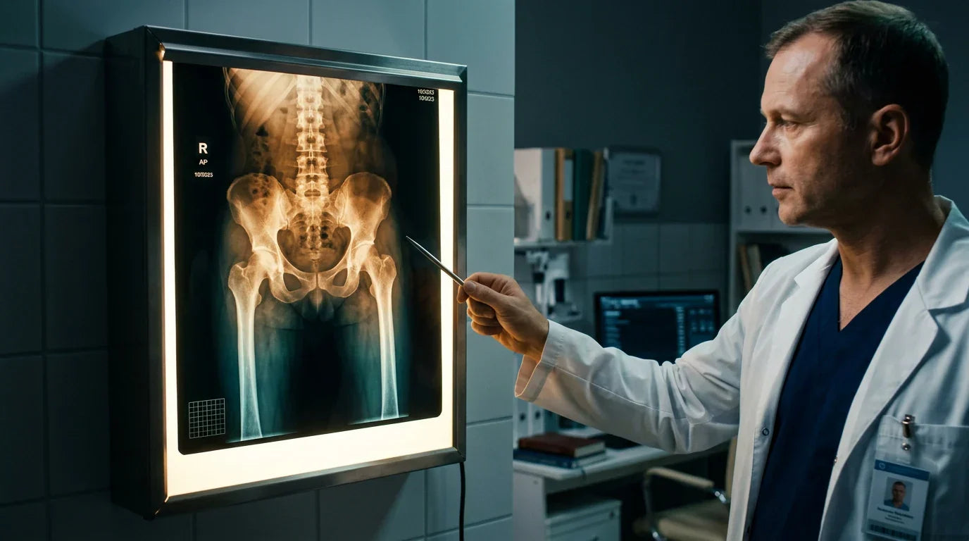 Spine and femur bone X-ray on a lightbox — vitamin D critical role in preventing osteoporosis and bone density loss
