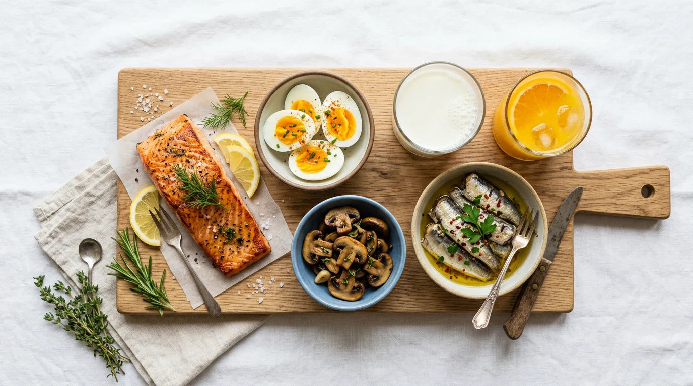 Top vitamin D-rich foods flat-lay — salmon, eggs, mushrooms, sardines, fortified milk, and orange juice