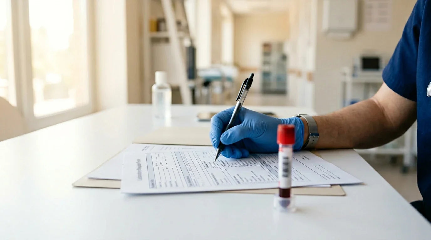 Blood test requisition form and sample vial on clinic desk — vitamin D testing and correcting deficiency